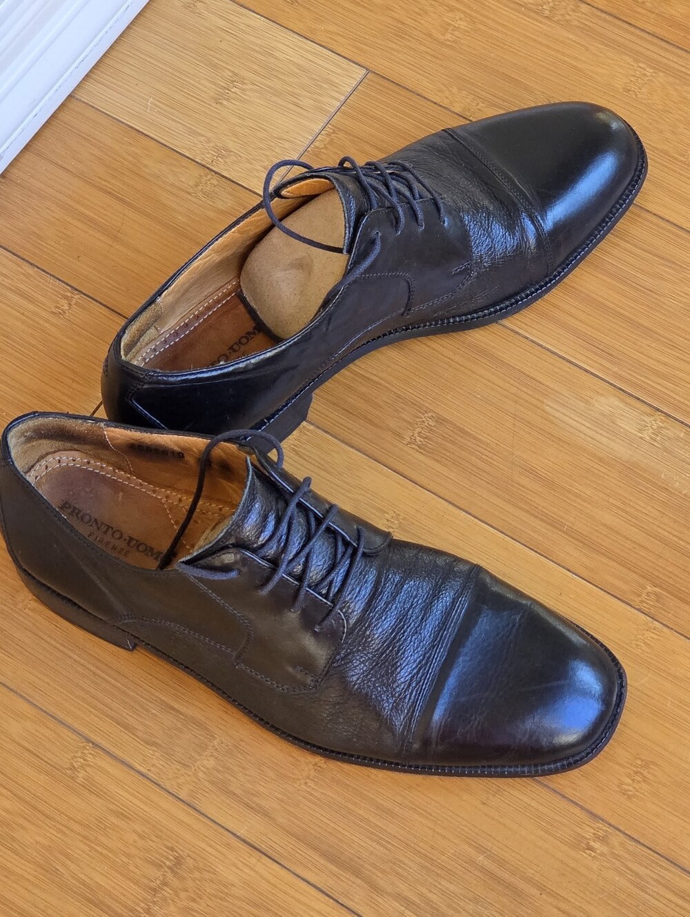 PRONTO Uomo Firenze Italian Leather Dress Shoes Derby Cap Toe Men's 11 Black - Picture 3 of 14